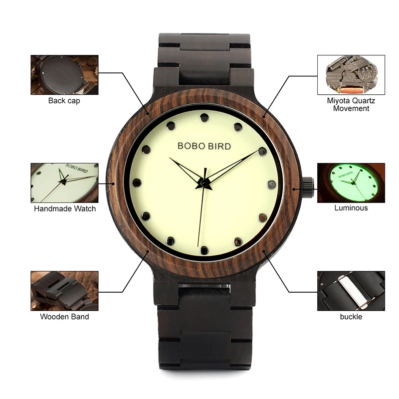 BOBO BIRD L-P04 Luminous Dial Face Men Cool Wooden Watches with Zebra Ebony Wood Strap Drop Shipping Relogio Masculino