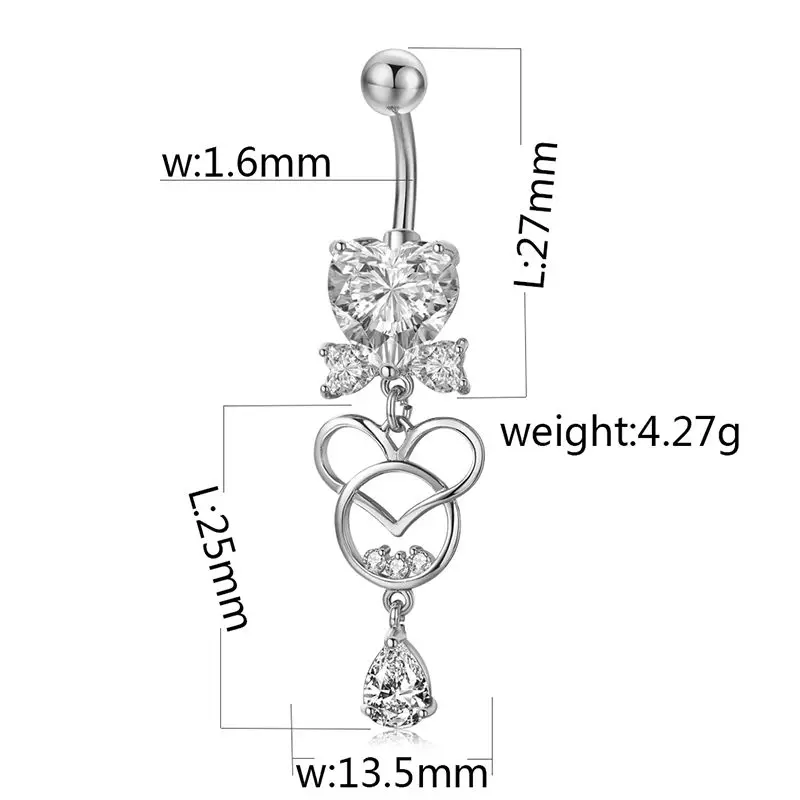 Hot Statement Hollow Double Heart Gold Surgical Steel Piercing Body Jewelry Sexy Crystal Zircon Pendant Belly Button Rings