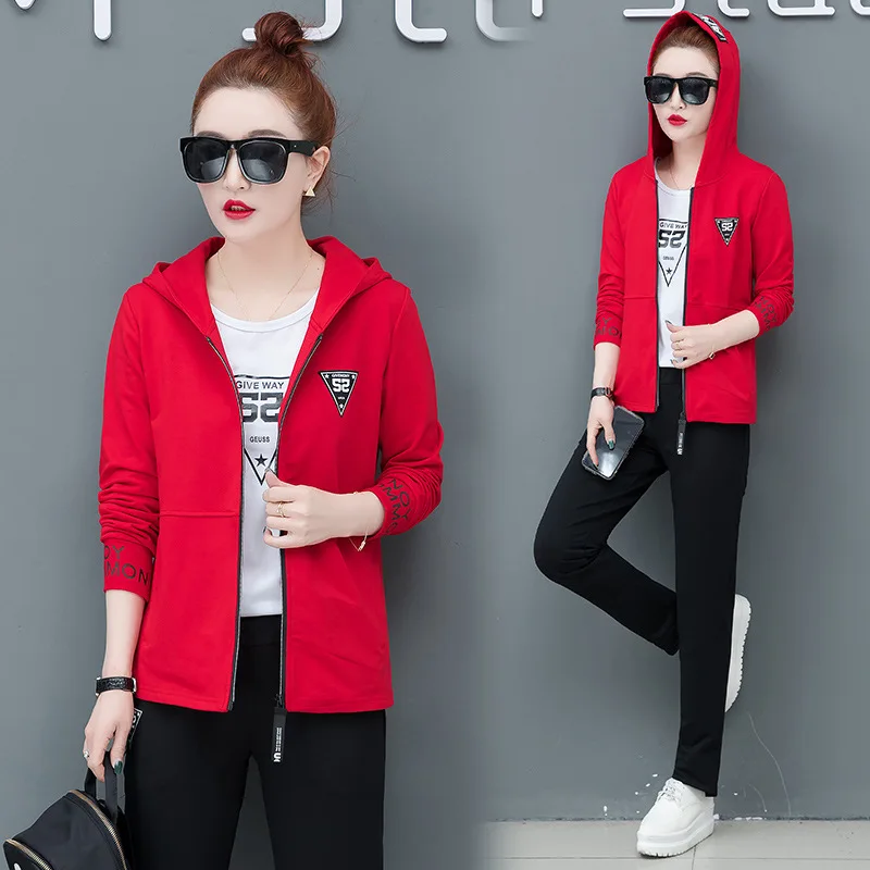 

3pcs Spring Autumn Women Sportswear Tracksuit Zip Up Hooded Jacket Sweatshirt+pant+T-shirt Running Jogger Casual Workout Set