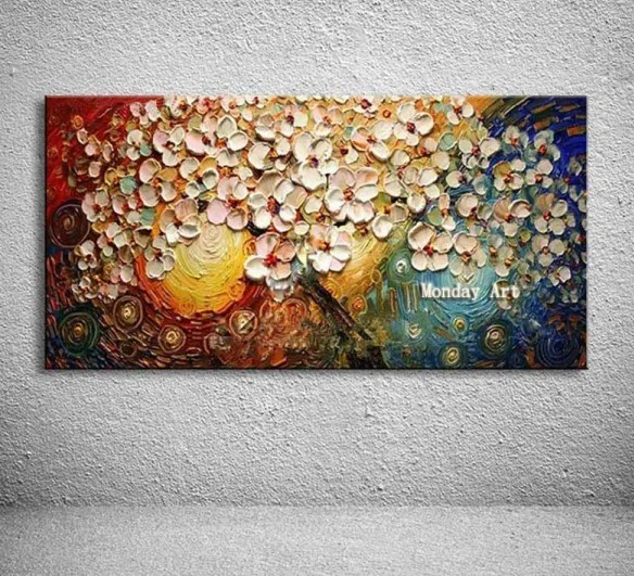 Large handmade Thick Textured picture HandPainted Palette Knife Flower Oil Painting Canvas Wall Art For Living Room Artwork - Цвет: Синий