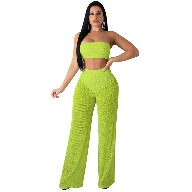 

Summer new women's wrapped chest jumpsuit two sets of solid color hollow wide leg jumpsuit suit sexy large size knitted jumpsuit