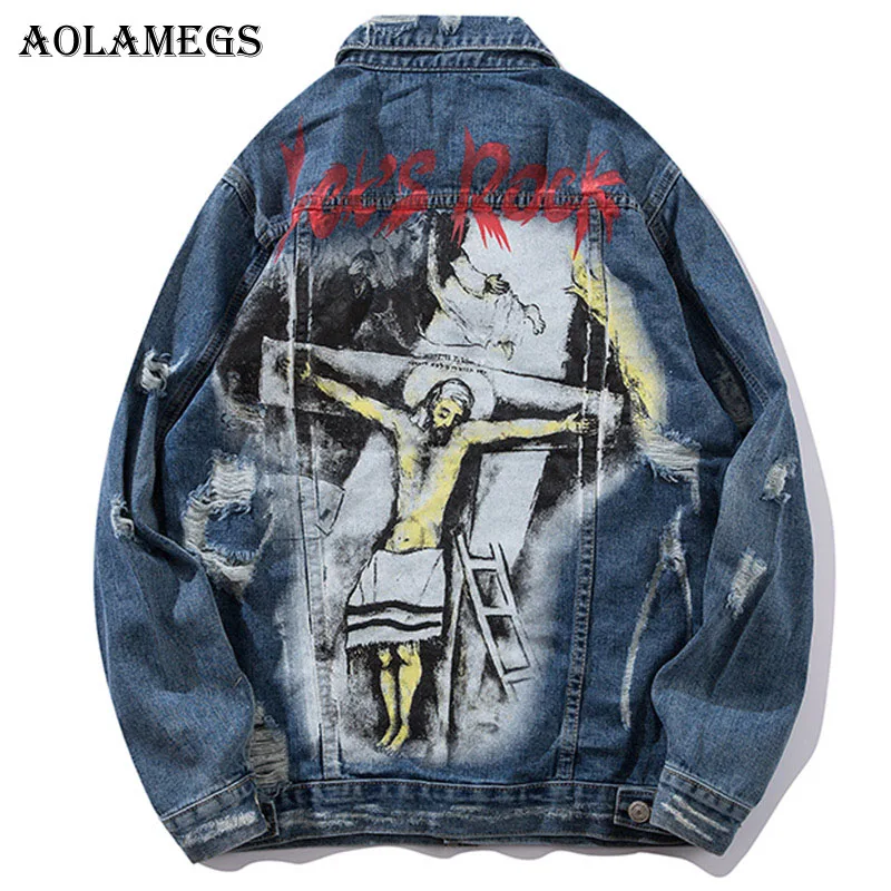 

Aolamegs Denim Jacket Men Let's Rock Printed Cowboy Men's Jacket Casual High Street Fashion Outwear Men Coat Streetwear Autumn