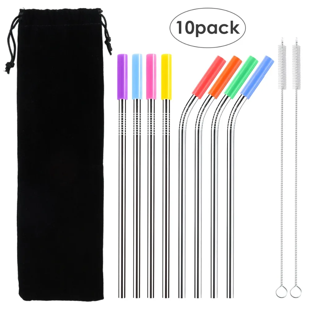 3/5/10pcs/set Stainless Steel Reusable Straw Metal Smoothies Juice Drinking Straws Set with Cleaner Brush &amp Bag Bar Accessories | Дом и сад