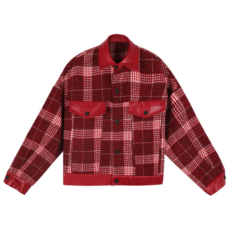 

PERHAPS U women red plaid jacket turn down collar pu leather patchwork button single breasted C0045