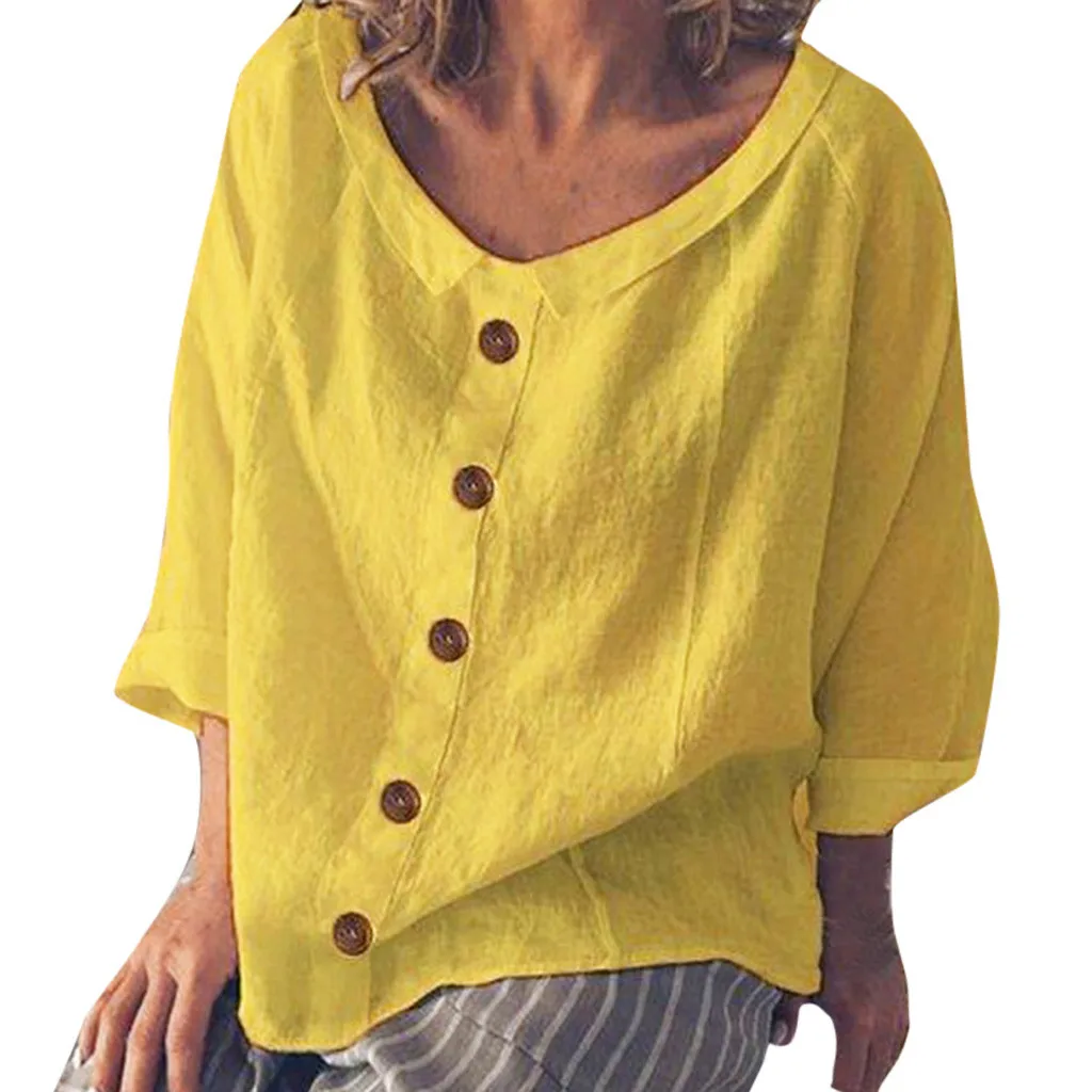 Женская Свободная блузка, хлопок, лен, на пуговицах, одноцветная, с круглым вырезом, повседневная, рубашка, блузка, топы, Женские топы и блузки, camisas mujer, новинка - Цвет: Yellow