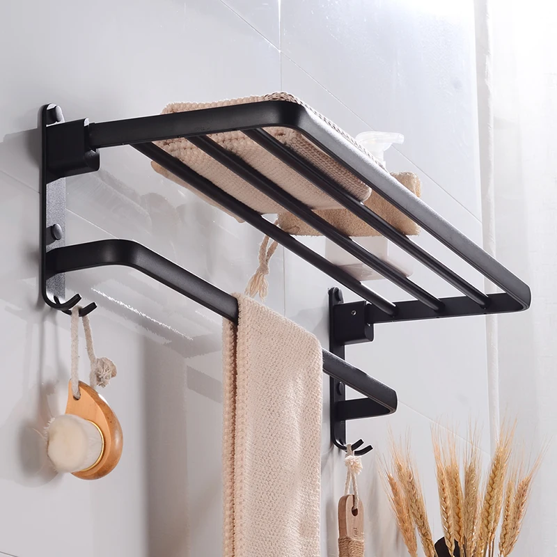 Towel Rack Hanging Holder Foldable Aluminum Bathroom Shelves with Hook Single Towel Bar Black Wall Mounted Corner Shelf Storage