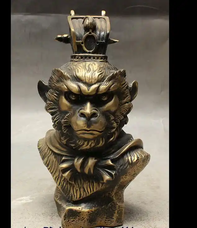 China Hand Carved Bronze Folk Sun Wu Kong Monkey King Head Bust Sculpture Statue