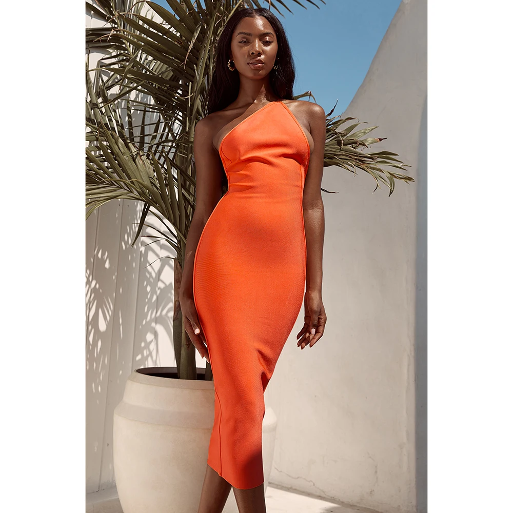 

Mid-Calf One Shoulder OPen Back Sexy Women 2019 Summer New Bandage Bodycon Dress Orange Plus size XL