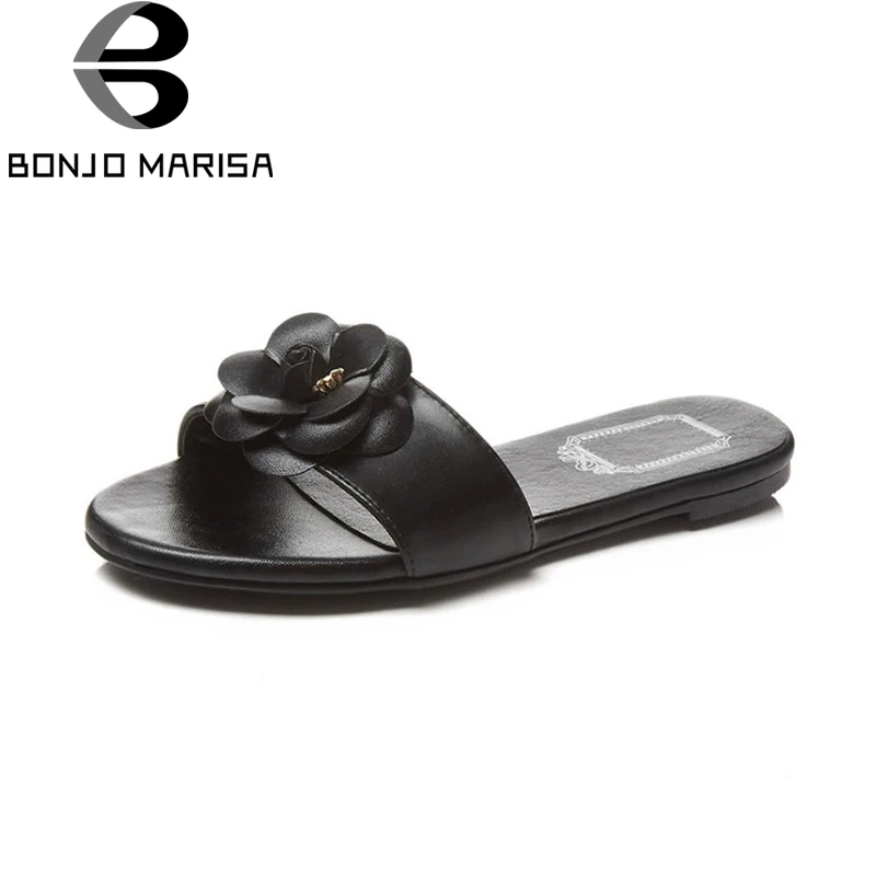 

BONJOMARISA 2018 New Summer Genuine Leather Outdoor Slippers Women Big Size 33-43 Flower Appliques Slides Low Heels Shoes Woman