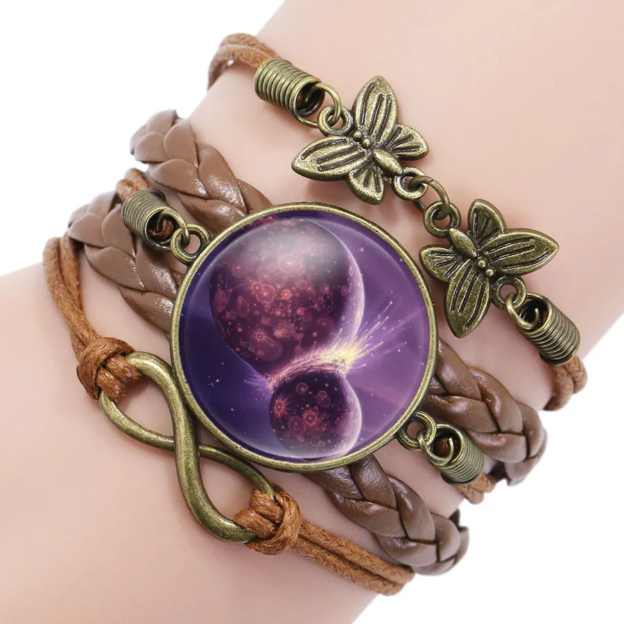 Новый Многослойный кожаный браслет Nebula Space Universe Galaxy Crescent Glass кабошон унисекс