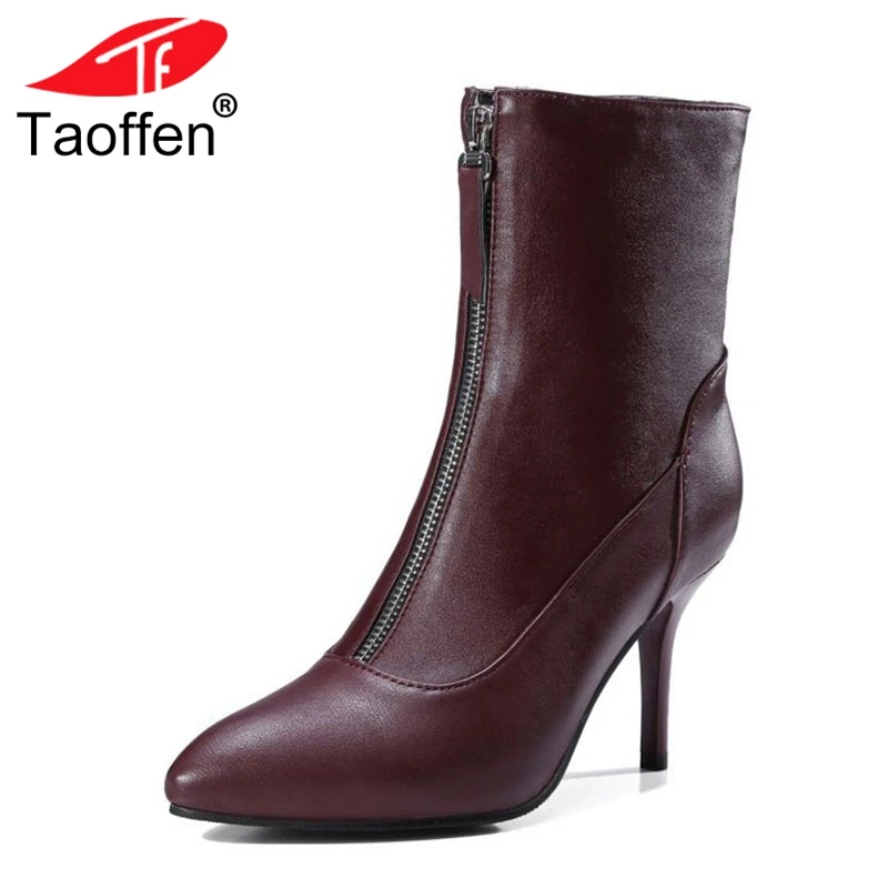 

TAOFFEN Size 33-47 Woman High Heel Boots Zipper Women's Shoes Thin Heel Woman Mid Calf Boots Ornate Mature Shoes Woman Footwear