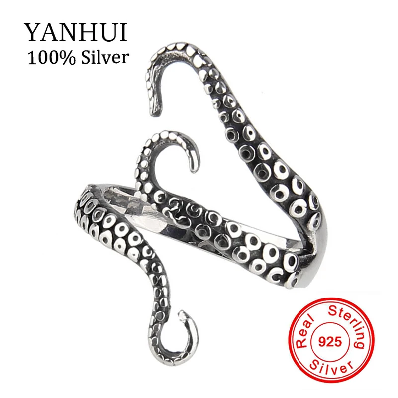 YANHUI оригинальные ювелирные изделия для панков кольца из стерлингового серебра 925 для Для женщин глубоководных кальмара Finger Осьминог Открытые Кольца размер колец, регулируемый R243