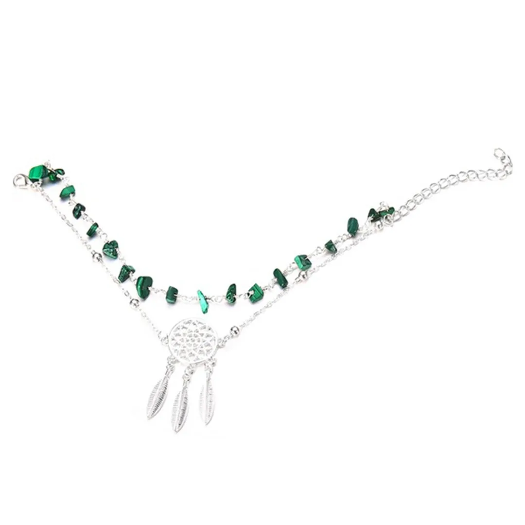 Boho Natural Green Stone Beaded Anklet Bracelet For Women Charming Jewelry Silver Dream Catcher Pendant Leg Chain Shellhard