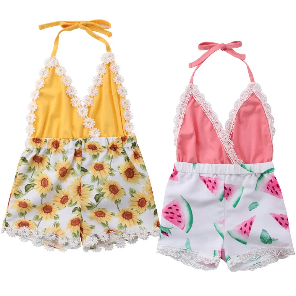 

6M-5T New Newborn Toddler Kids Baby Girl Lace Romper Neck Sunflower Watermelon Jumpsuit Outfits Sunsuit Cute Summer Clothes