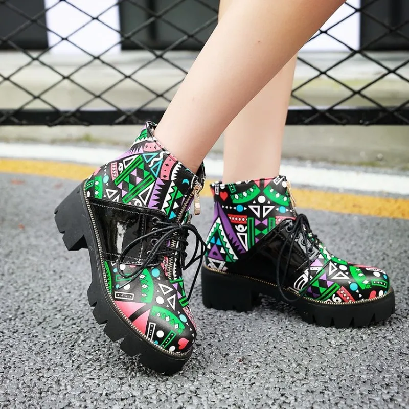 

Womens Round Toe Mixed Colors Printed Ankle Boots Oxfords Lace Up Central Zip Shoes Chunky Heel Motorcycle Plus Size New A1114