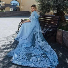 Chic 2017 Hooded Cap Sky Blue Evening Dresses Muslim kaftan Dubai Robe Two Pieces Hijab Prom Gowns With Appliques Formal Dress