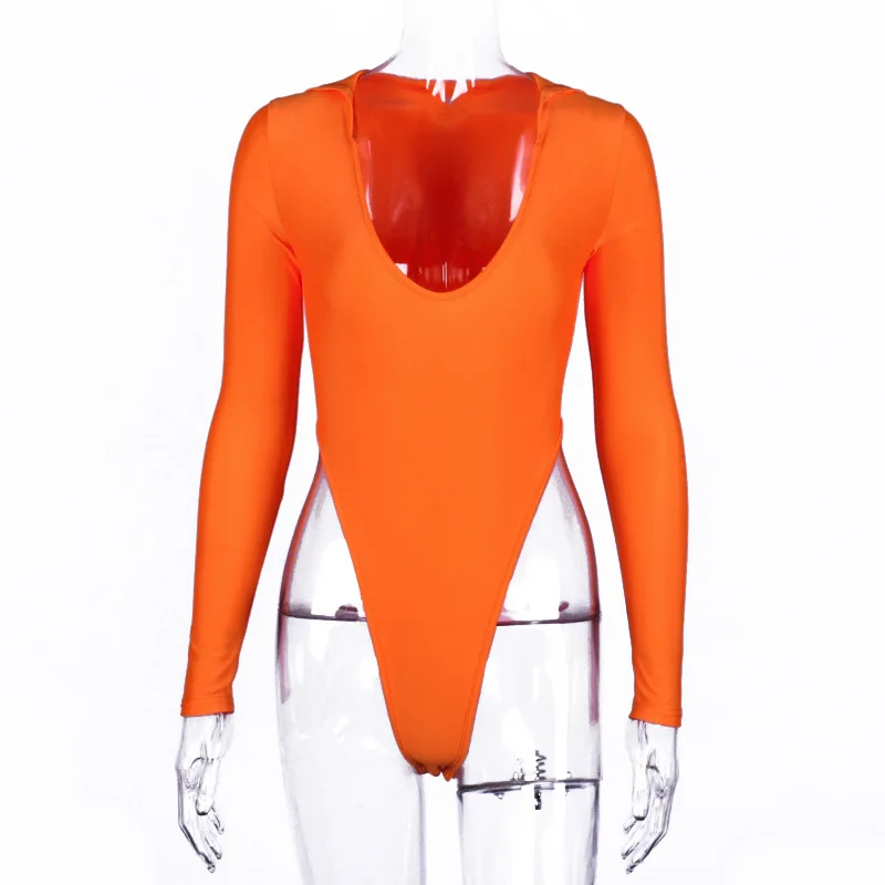 CamKemsey леди ночной клуб сексуальные облегающие костюмы весна осень мода нет оранжевый Глубокий v-образный вырез с капюшоном боди костюмы Топы - Цвет: Orange