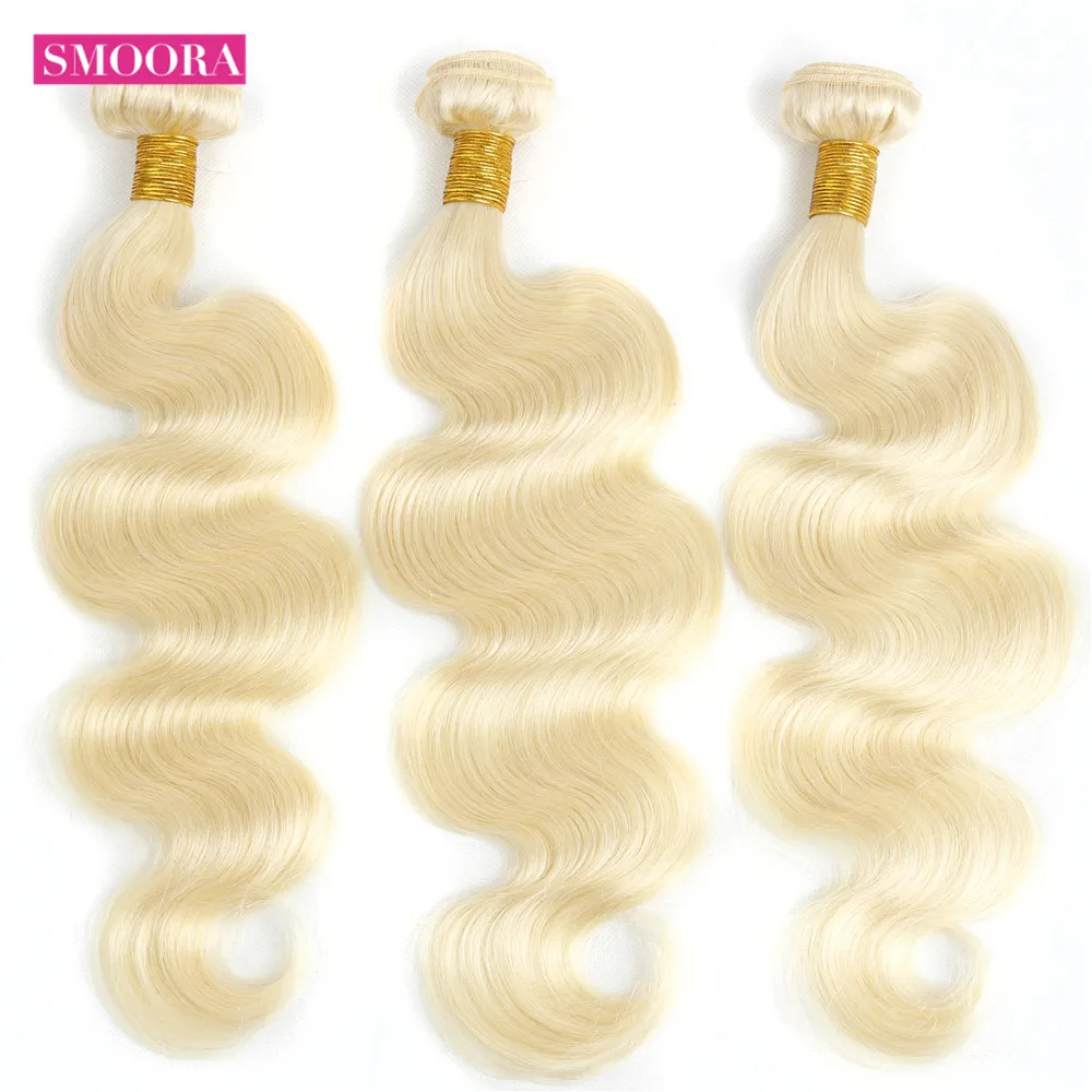 Skup Smoora 613 blond wiązki z Frontal peruwiański ciało fala włosy ludzkie w kolorze blond wiązki z Pre oskubane Frontal ucha do ucha nie Remy włosy