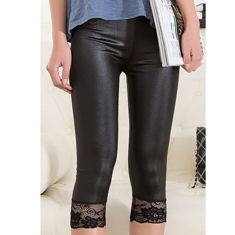 

lady summer short leggings women lace short capris black white fake leather knee length legging
