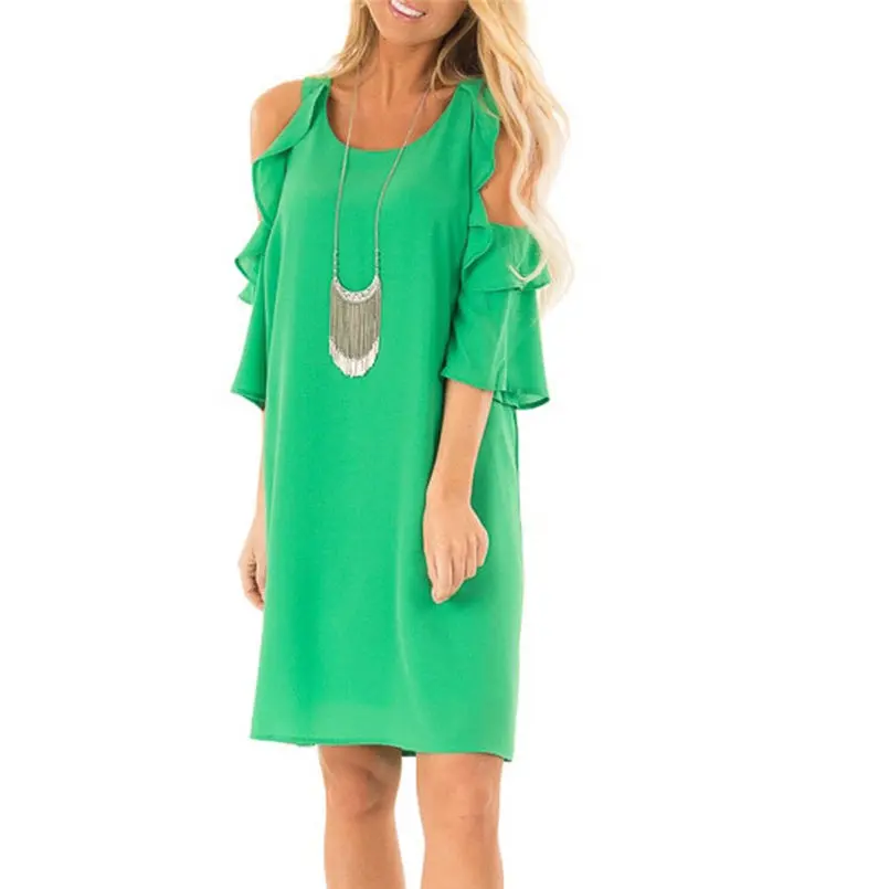 New Women Summer Ladies Strapless Shoulder Ruffle Sleeve Pure Color Summer Dress Elegant Mini Fashion Casual Vestidos #4A30 (12)