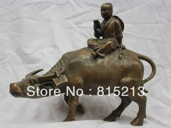 

12'' China Folk Bronze Shepherd Boy Ride Bull OX Buffalo Reading Book Statue