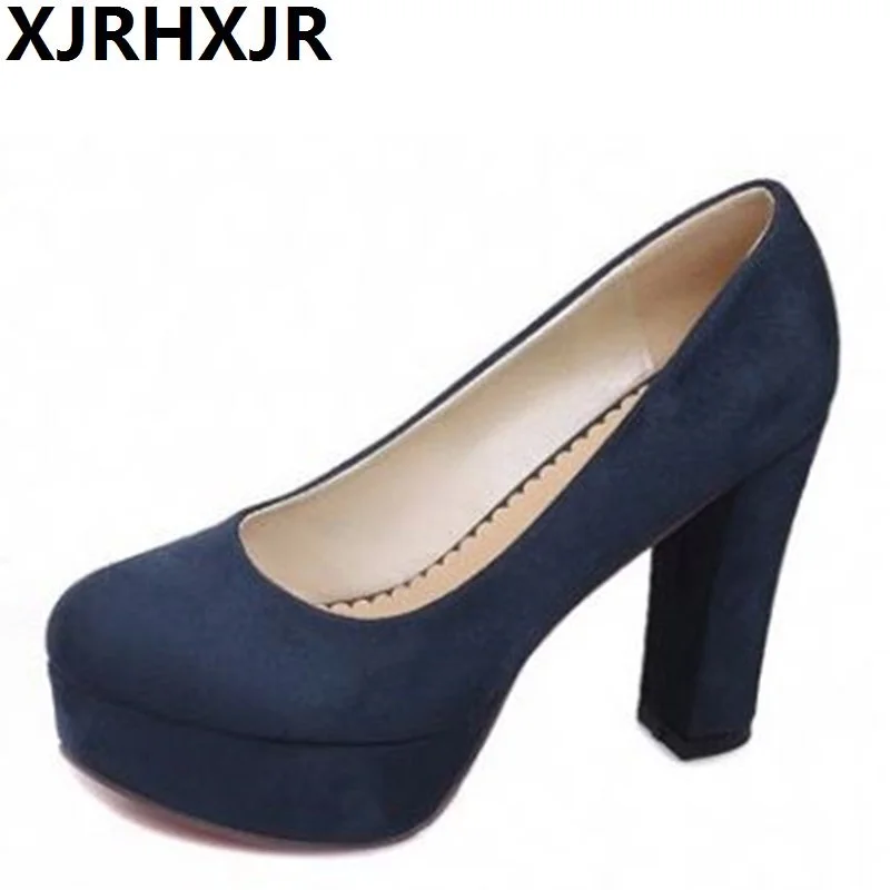 

XJRHXJR 2019 New Ladies Thick High Heel Shoes Women Round Toe Sexy Party Square Heels Pumps Flock Fashion Wedding Footwears