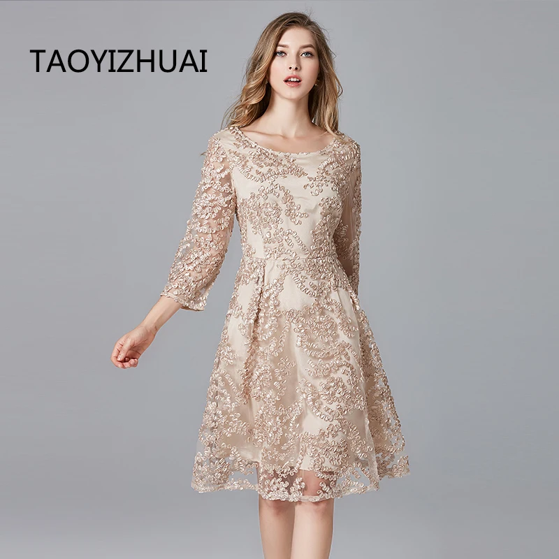TAOYIZHUAI 2022 New Arrival Spring Summer Dress Plus Size Champagne Ladies Casual Lace A-Line Polyester Dresses For Women 14146