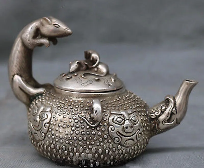 

China SIilver Dragon Handle Mouse Mice Rat Animal Wine Tea Pot Flagon Kettle