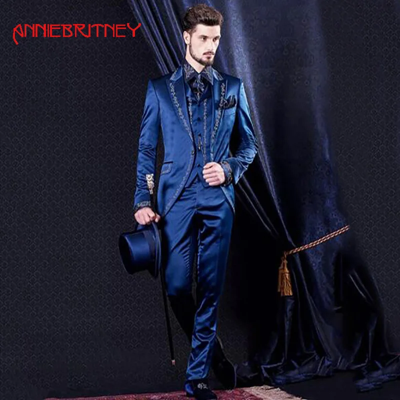 1.1.1Italian Royal Blue Embroidery Satin Men 12Suit