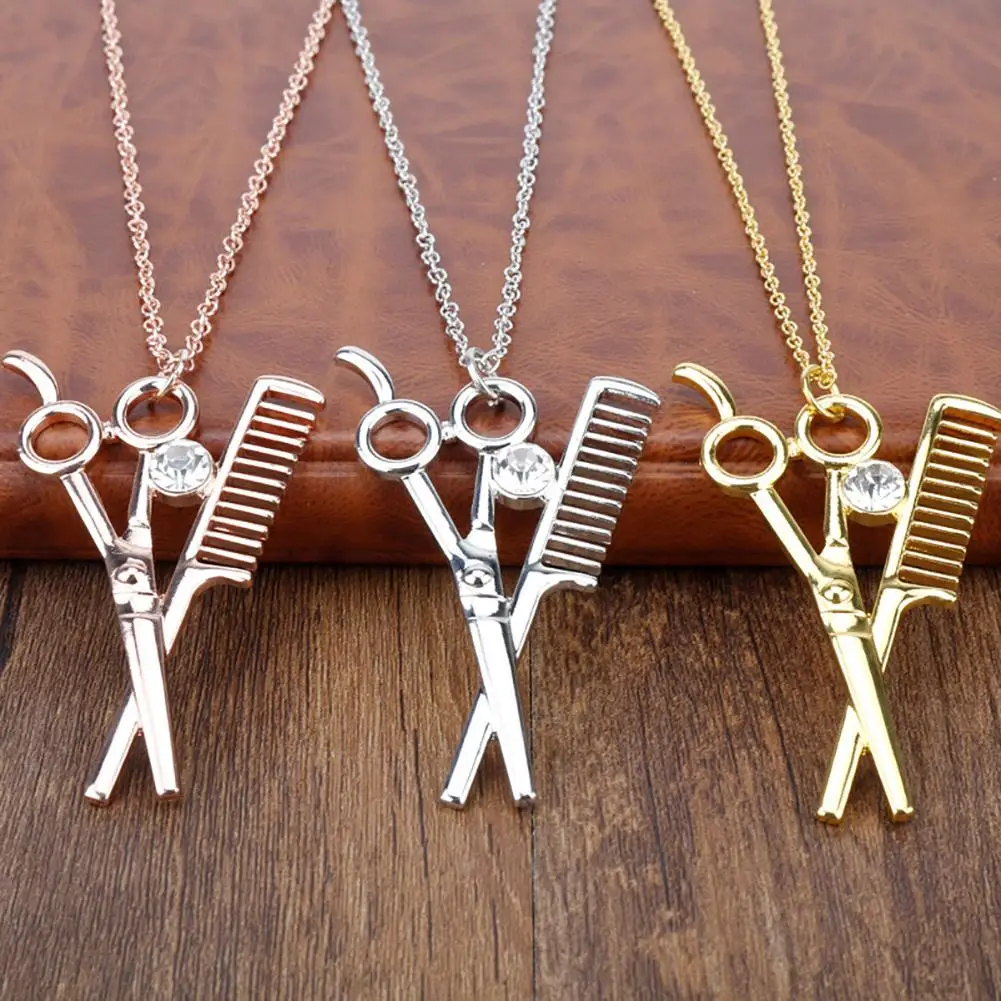 

Unisex Trendy Hair Stylist Rhinestone Inlaid Jewelry Scissor Comb Pendant Necklace Hot