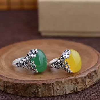 

925 Sterling Silver Flower Ring Natural Yellow Green Chalcedony Real S925 Thai Silver Rings for Women Jewelry Adjustable Size