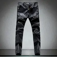 Tide корейские обтягивающие мужские брюки-Карандаш мужские модные джинсовые строчки из состаренной искусственной кожи тонкие кожаные мотоциклетные брюки