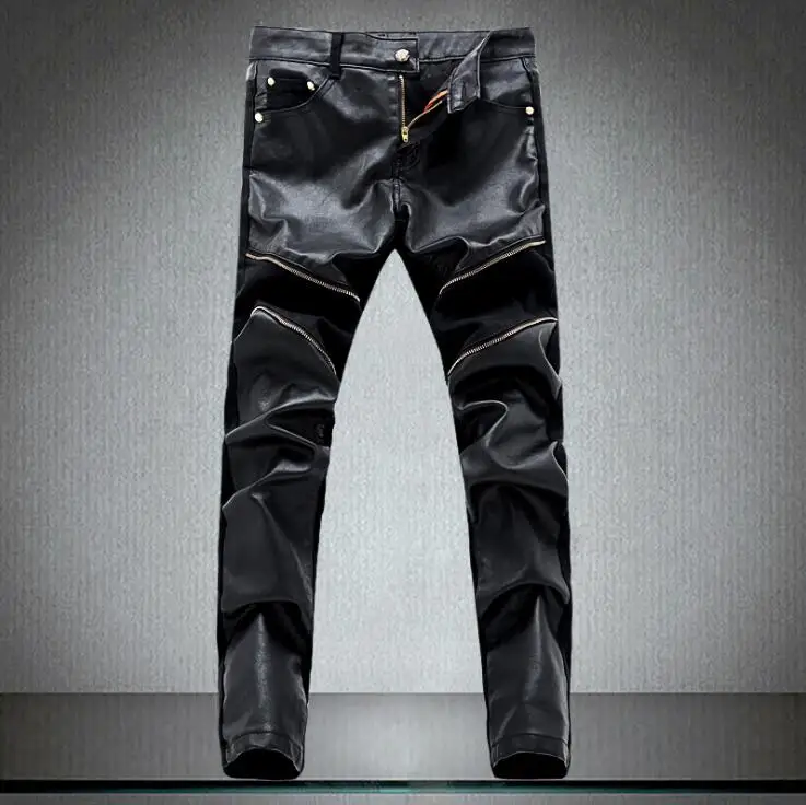 Прилив корейские узкие Для мужчин узкие брюки мужской моды джинсовые шить PU из стираной кожи Тонкий Личность Кожаные Мотоциклетные Штаны