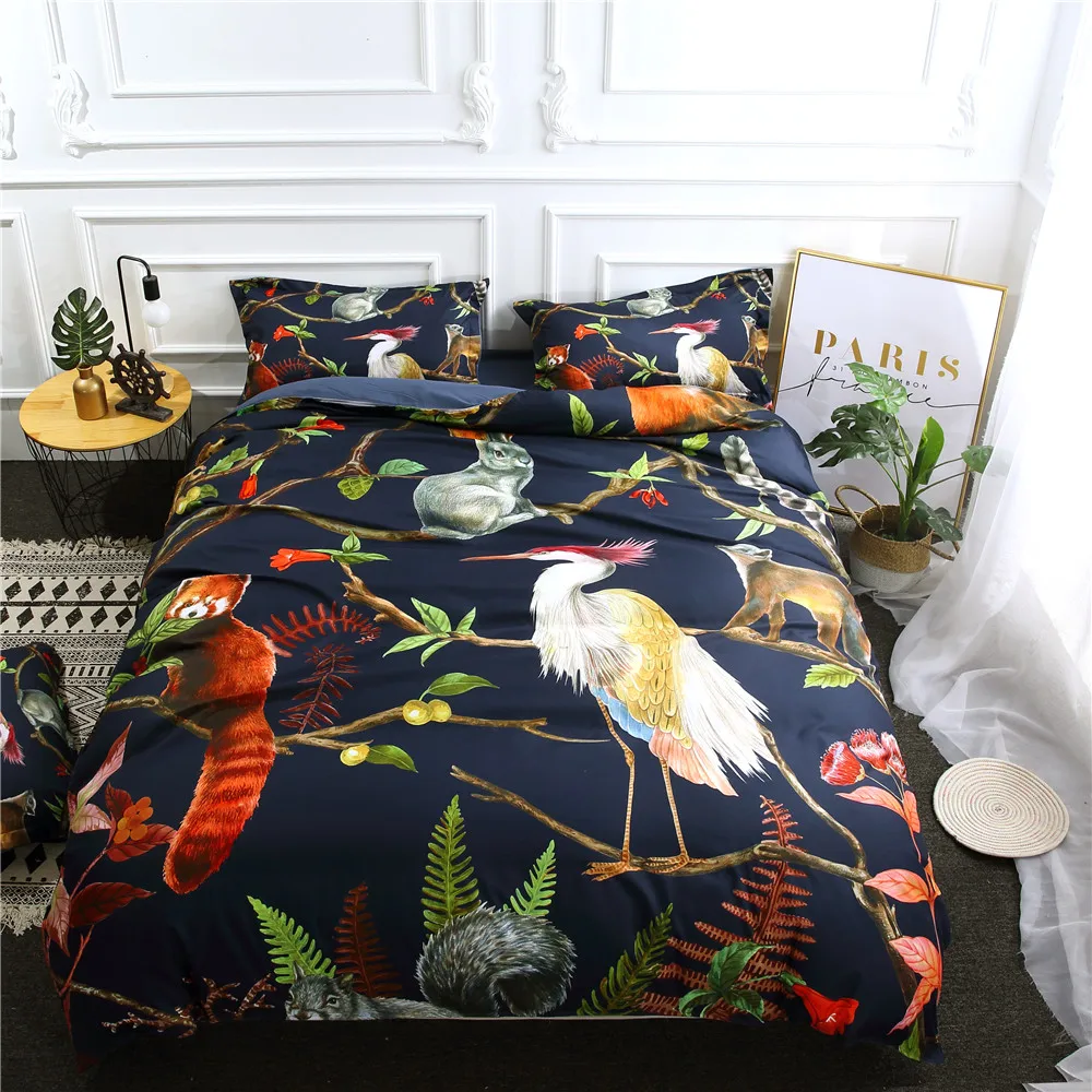 D 016 Dark Blue Duvet Cover Set With Hd Digital Animals Birds