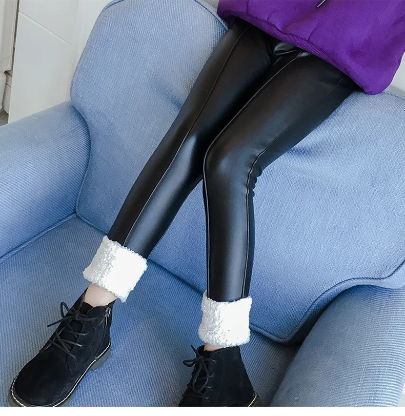 Kids Girls Winter Warm PU Leather Fleece Lined Leggings Trousers Pants 4-15T