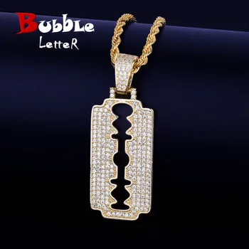 

Men's Razor Blade Pendant Necklace & Pendant With Free Steel Rope Chain Gold Color Cubic Zircon Men's Hip hop Jewelry For Gift