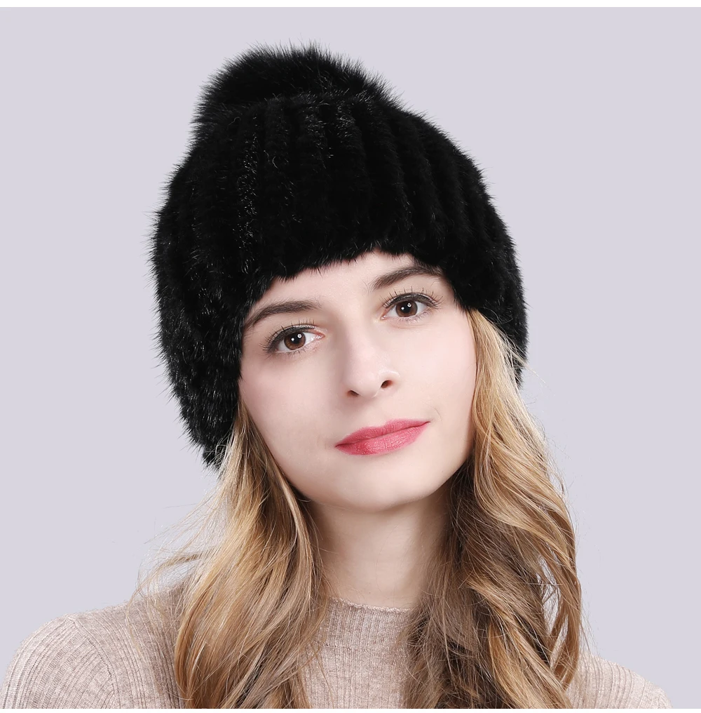 Lovely Real Mink Fur Hat Women Winter Knitted Real Mink Fur Beanies Hats With Fox Fur Pom Poms New Thick Real Mink Fur Cap