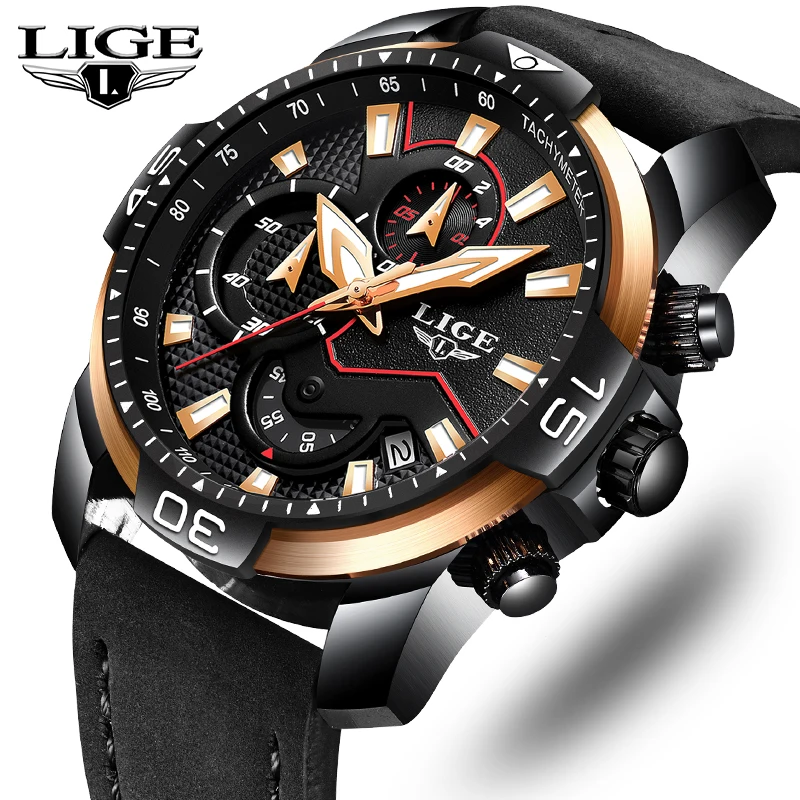 

LIGE Mens Watches Top Brand Luxury Casual Leather Quartz Clock Men Sport Waterproof Chronograph Watch For Men Relogio Masculino