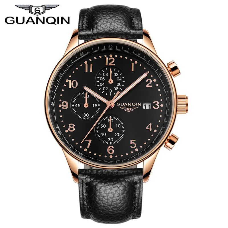 GUANQIN New Fashion Luminous Leather Strap Multifunction Watches Men Quartz Watch Waterproof Wristwatches Male Table Relojes