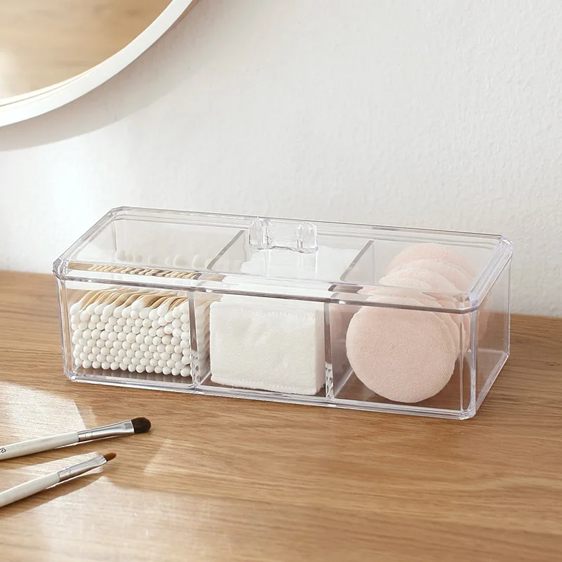 Transparent Acrylic 3 Compartments Makeup Storage Cotton Swab Organizer
