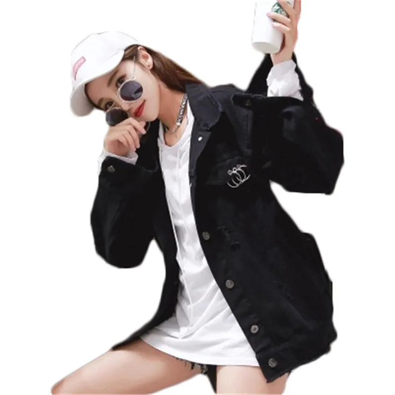  Spring Hole  Female Korean Version Of The Loose Baseball Uniform College Wind Solid Color Female Large Size Denim Jacket W13