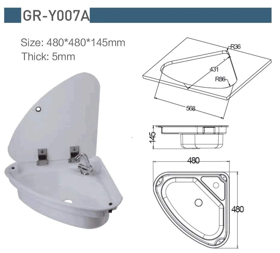 Морская Лодка Караван RV Camper треугольная белая акриловая раковина с крышкой 480*480*145 мм GR-Y007A