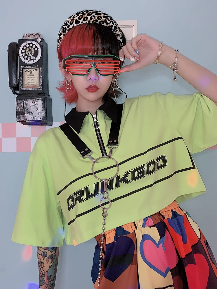 

JHarajuku, Euro-American Turquoise, Hip-hop, Turn-lapel, Green Short Edition Loose Letter Top T-shirt tees t-shirts