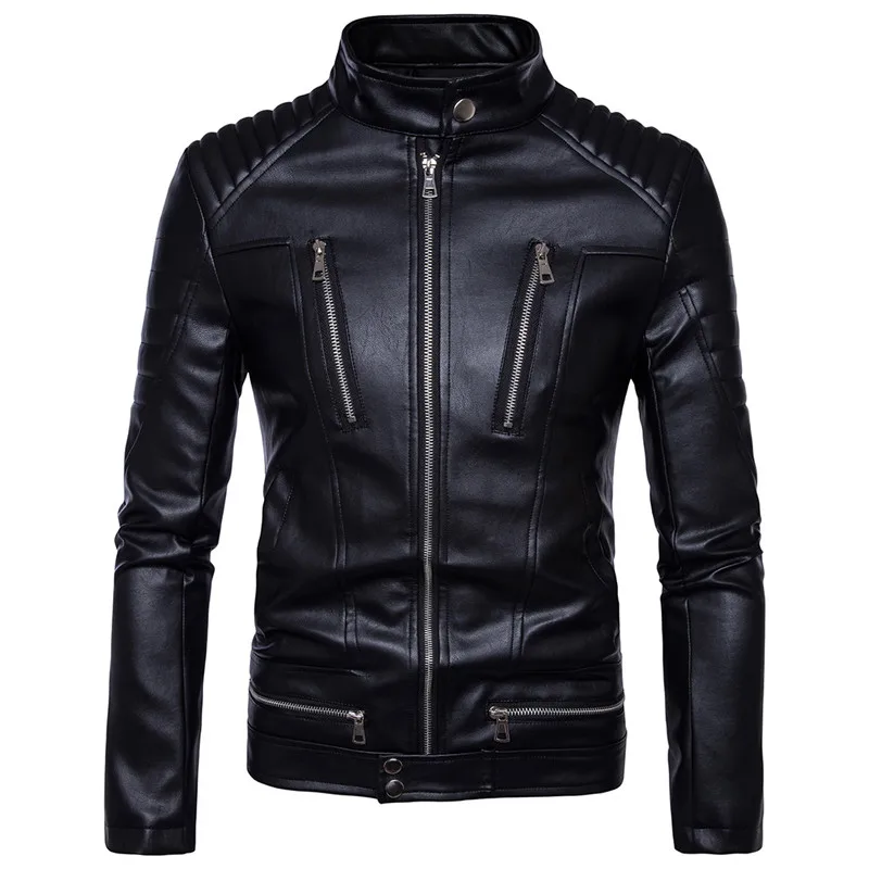 

PU leather jacket boutique punk men's locomotive zipper jacket Men's fashion collar business casual slim leather bomber jacket