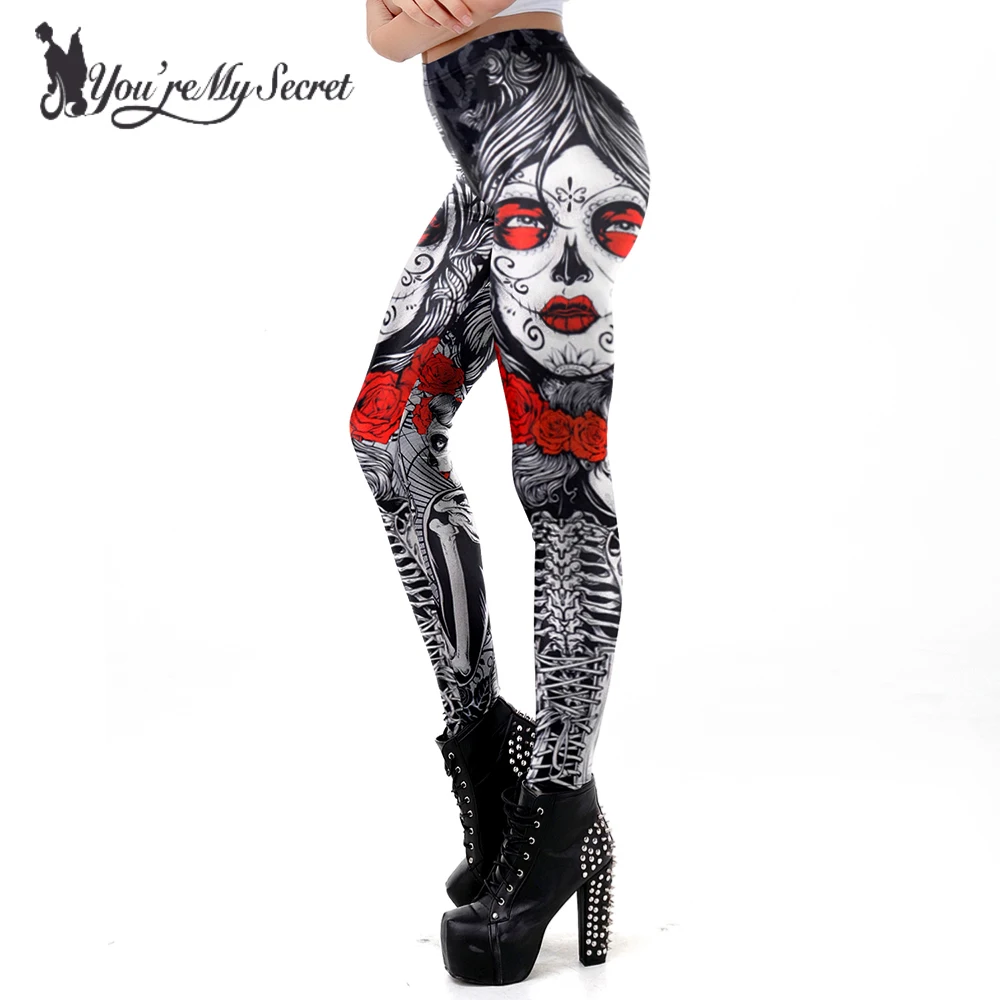 

[You're My Secret] 2019 New Leggins Halloween Sugar Skull Leggings For Women Girl Rose Print Fantastic Workout Party Ankle Pant