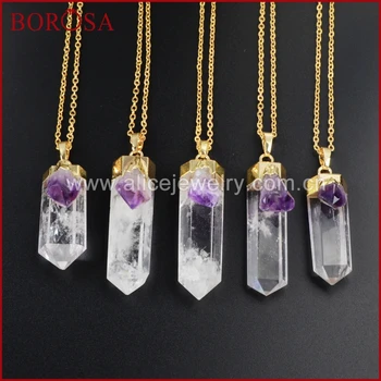 

BOROSA Gold Color Cluster Aura Druzy Quartz Crystal Point & Natural Purple Crystal Druzy Pendant Necklace for Women WX009-N