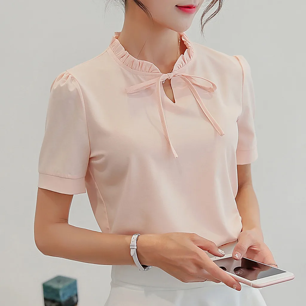 

Feitong Women Blouses 2019 Fashion Short Sleeve O-Neck Office Shirt Chiffon Blouse Shirt Casual Tops Plus Size Blusas Femininas