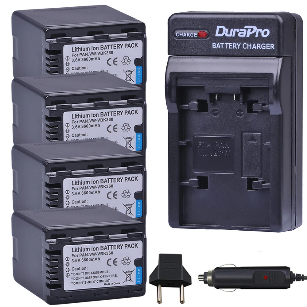 4PC VW VBK360 VW VBK360 Camera Battery + Car Charger for Panasonic HDC