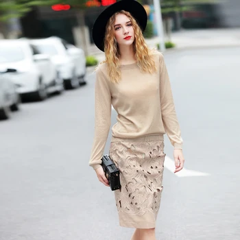 

Spring Autumn Fashion Women's Warm Knitted 2 Piece Set Sweater+Straight Skirt Slim Hollow Out Runway Set Suit High Quality