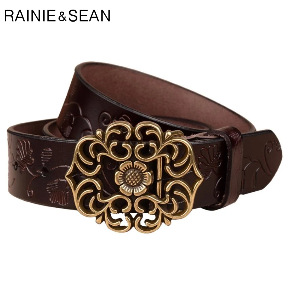 

RAINIE SEAN Real Leather Brown Women Belt Carving Genuine Leather Ladies Wasit Belt For Trousers Palace Vintage Female Belt